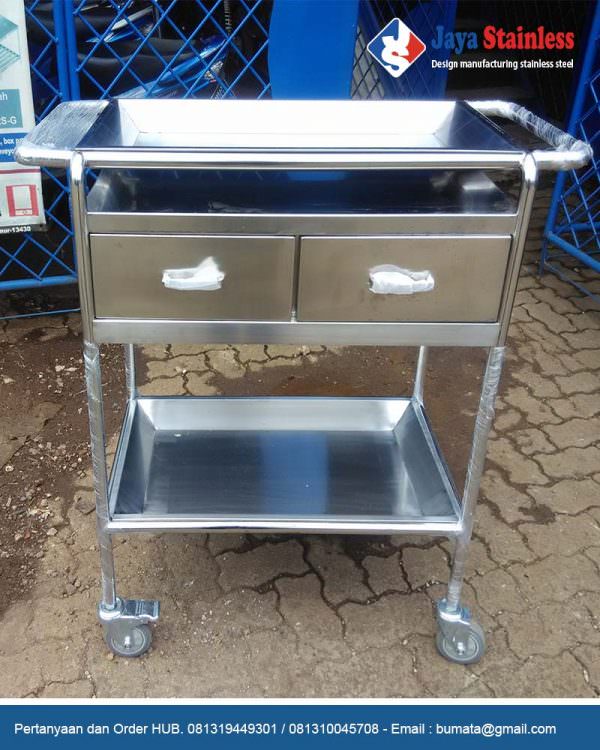 Trolley instrumen stainless 2 laci - hospital instrument trolley with mayo tray
