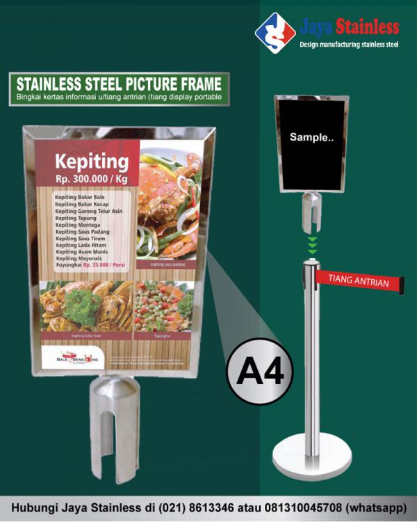 Frame display stainless (display portable untuk tiang antrian)