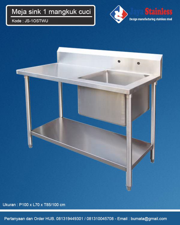Meja sink stainless 1 mangkuk cuci dengan rak bawah (terbuka)