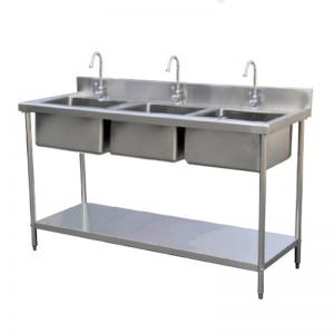 Meja sink stainless 3 mangkuk cuci dengan rak bawah terbuka